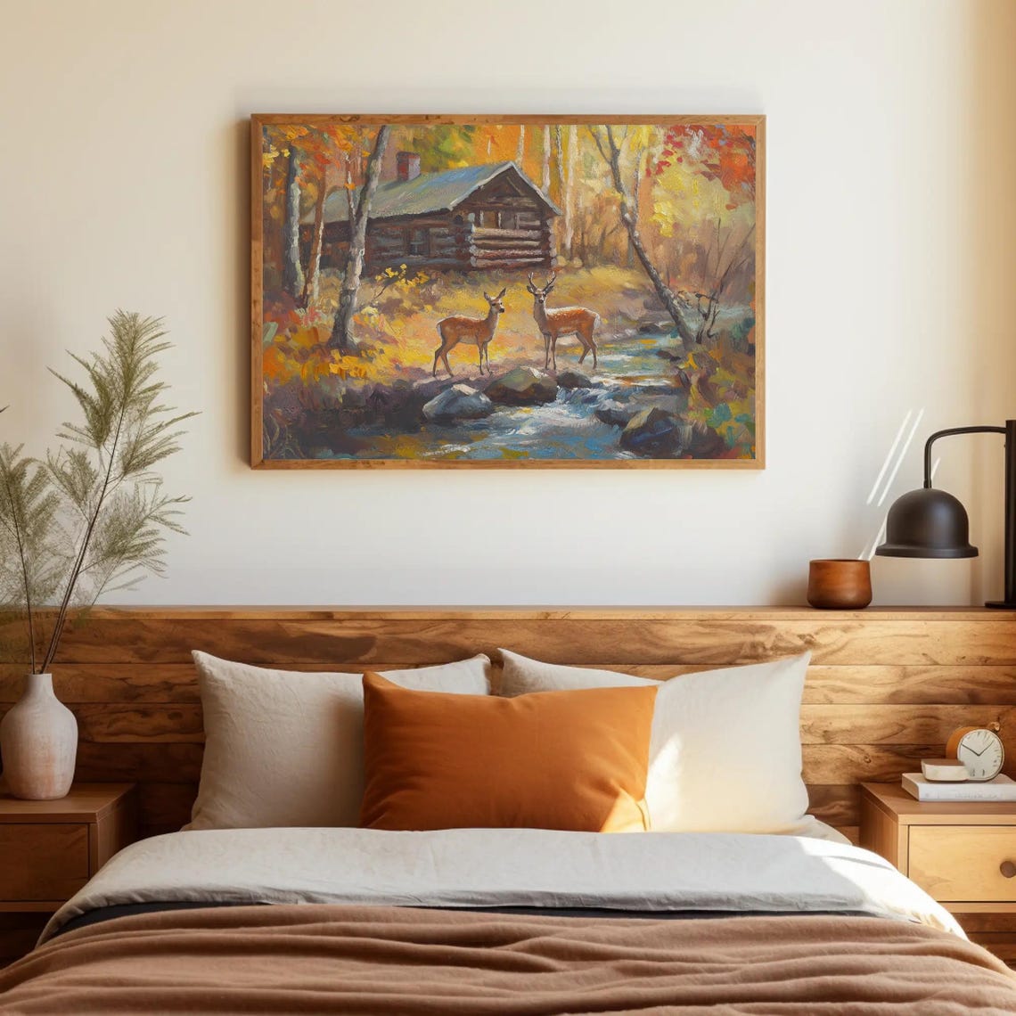 Log Cabin with Deer by an Autumn Stream in Golden Woods Poster - Image 3