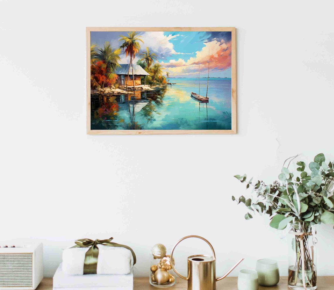 Tranquil Tropical Lagoon Palm Hut and Boat at Sunset Art Poster - Image 5