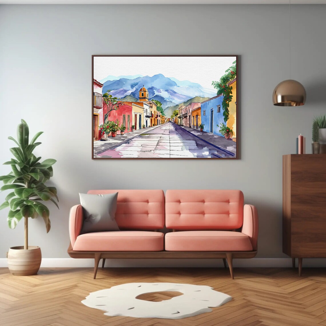 Mexican Colonial Street with Mountains and Church Watercolor Poster - Image 2