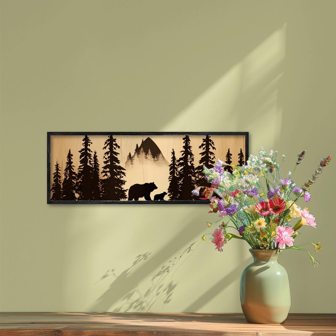 Bear And Cub Silhouette In Pine Forest Panoramic Mountain Poster - Image 5