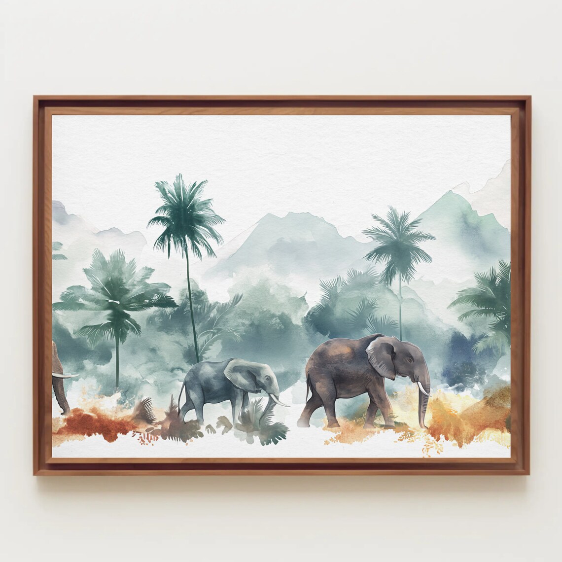 Elephant Herd in Jungle Landscape Watercolor Art Print - Image 5