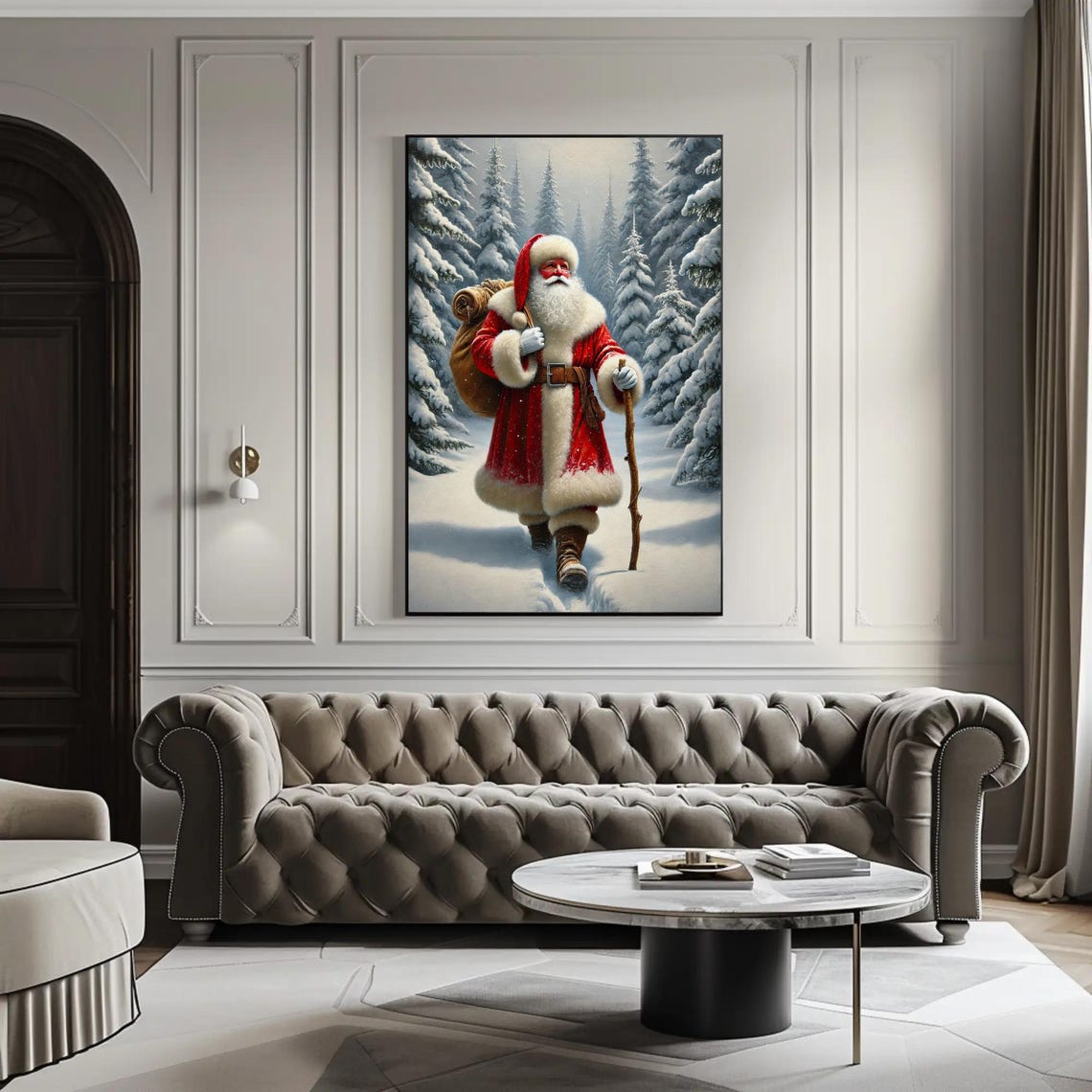 Santa Claus Hiking Through A Snowy Forest Winter Trail Poster - Image 5
