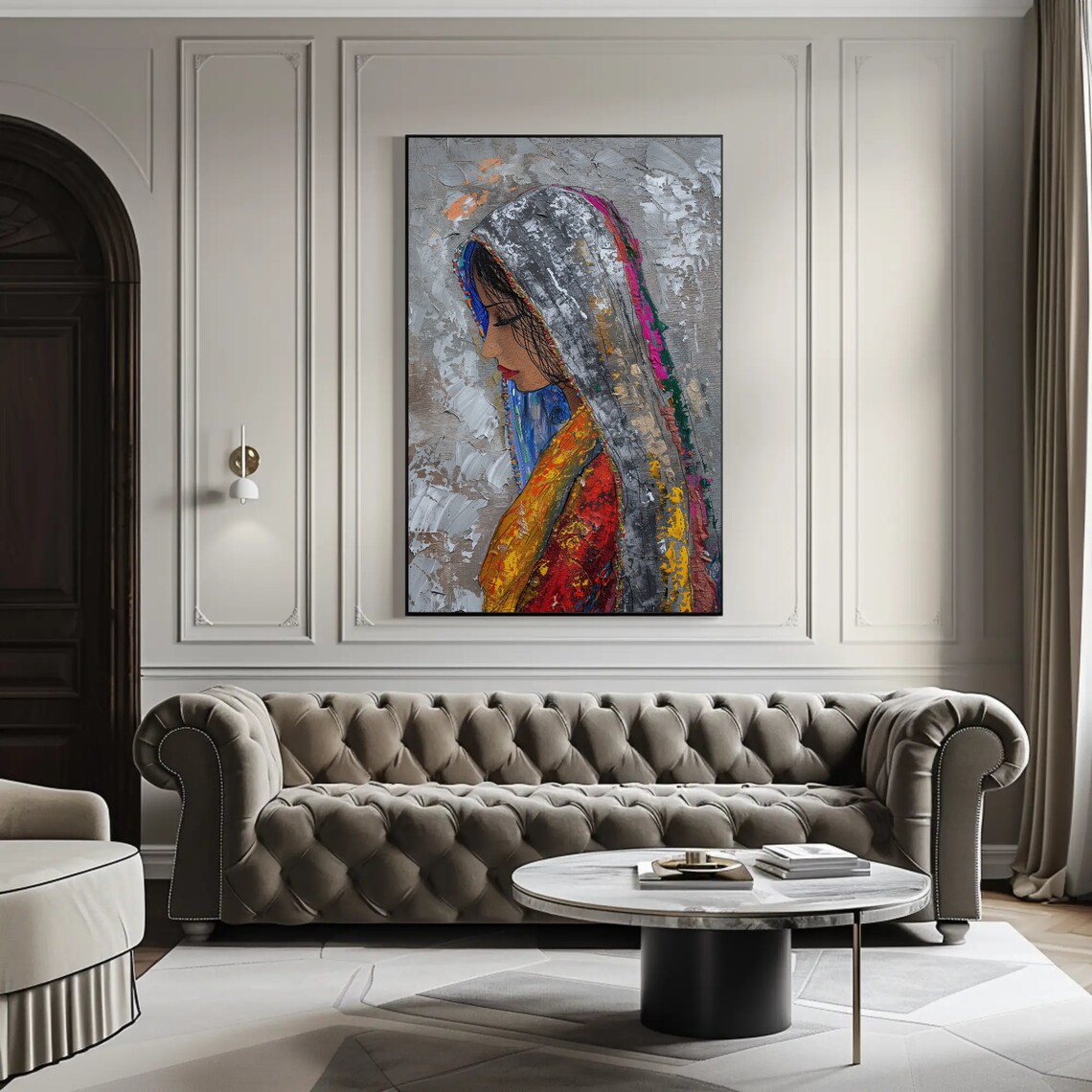 Veiled Woman Palette Knife Portrait Poster in Gray and Bright Colors - Image 4