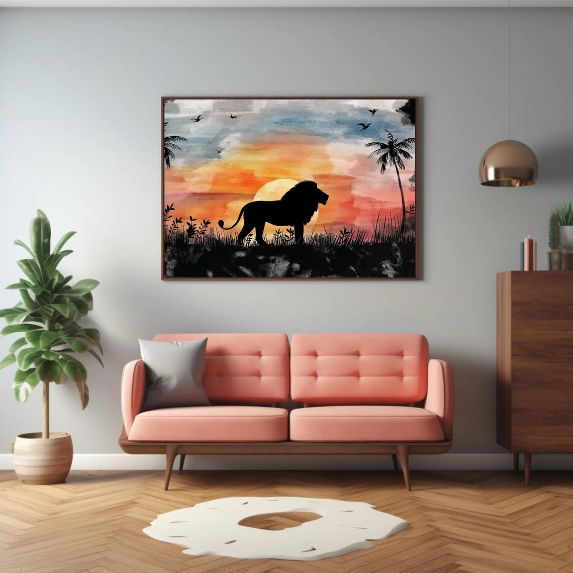Majestic Lion Silhouette Watercolor Fiery Savannah Sunset Poster - Image 3