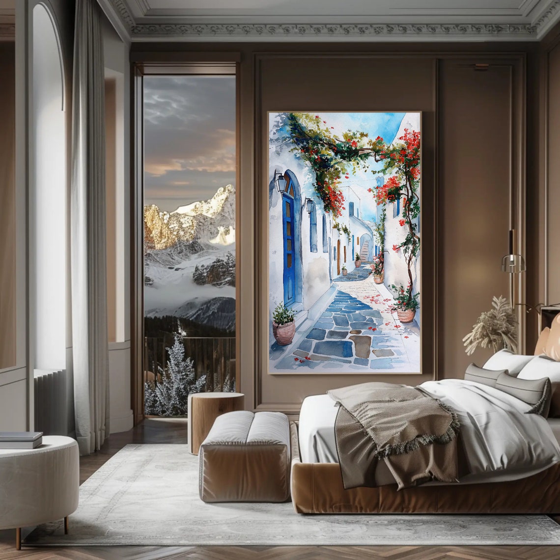 Santorini White Alley With Bougainvillea Watercolor Greece Poster - Image 4