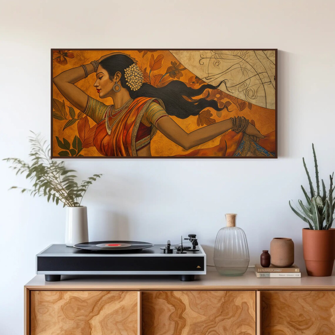 Indian Woman in Orange Saree Dancing Golden Traditional Art Poster - Image 3