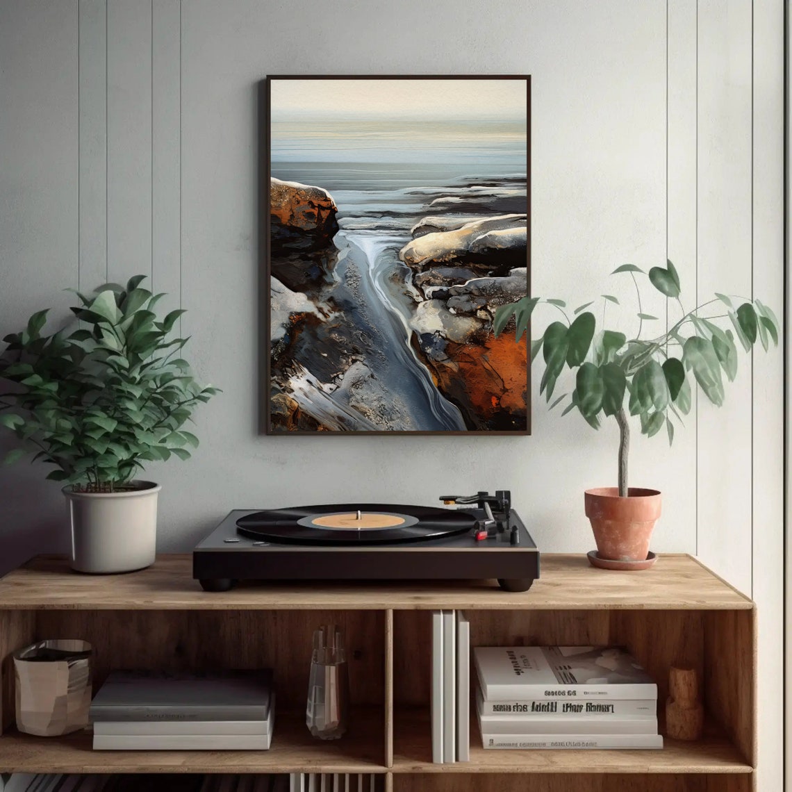 Abstract Rocky Coastline With Waves in Rust and Blue Art Poster - Image 2