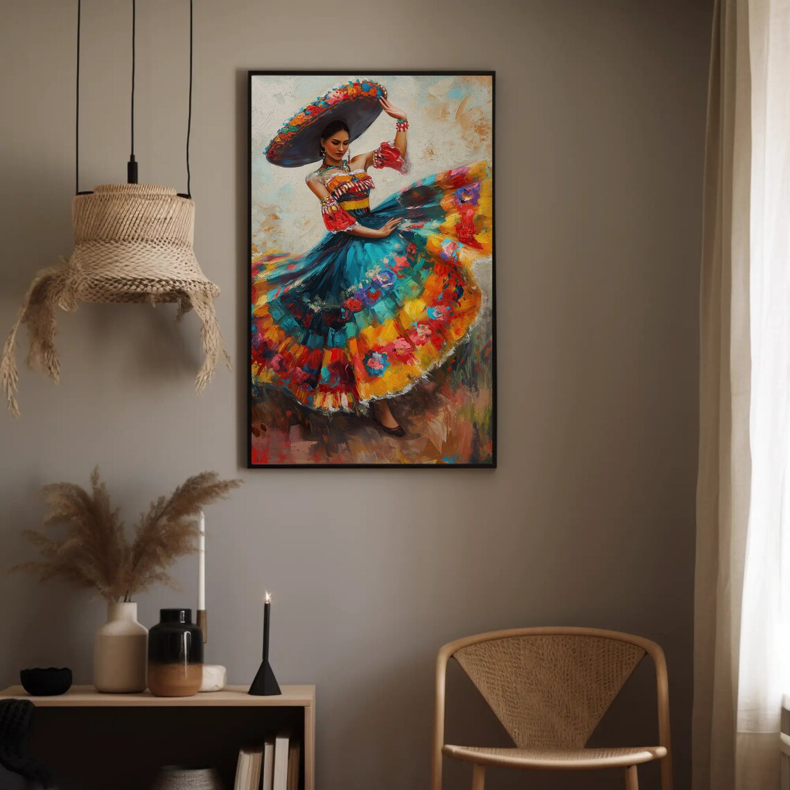 Mexican Folkloric Dancer Oil Painting Poster Traditional Floral Dress - Image 2