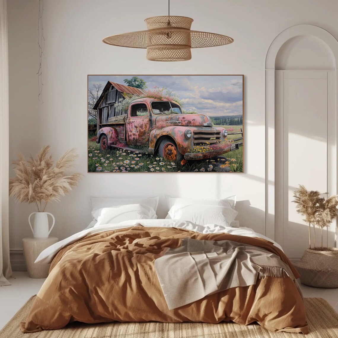 Rusty Vintage Pink Pickup Truck with Wildflowers Farm Scene Art Poster - Image 3