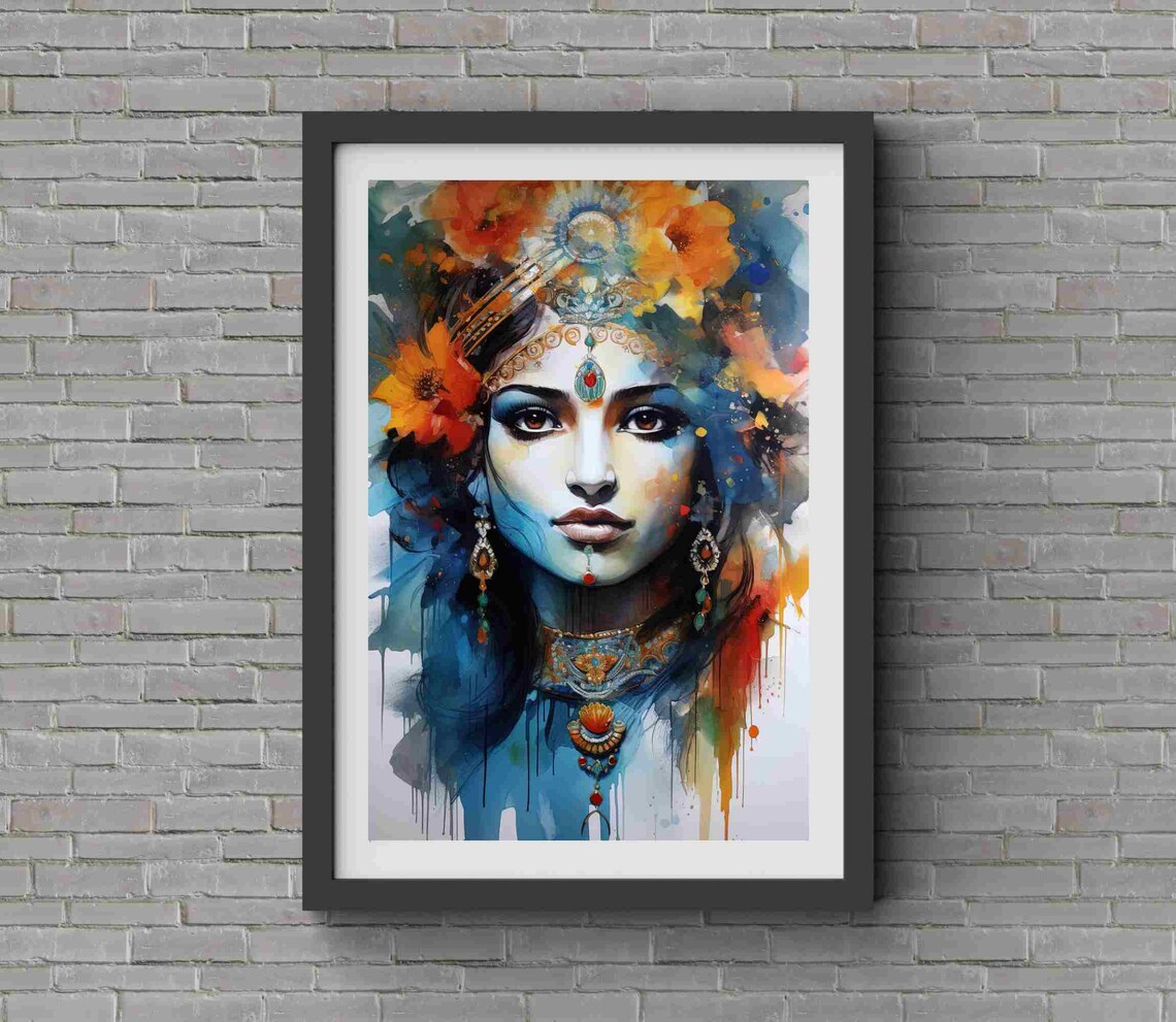 Krishna Watercolor Art Print, Indian Home Decor - Image 2