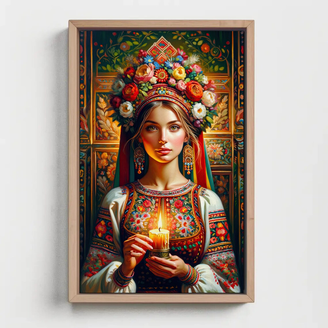 Ukrainian Girl Holding Candle, Oil-Painting Style Art Print - Image 4