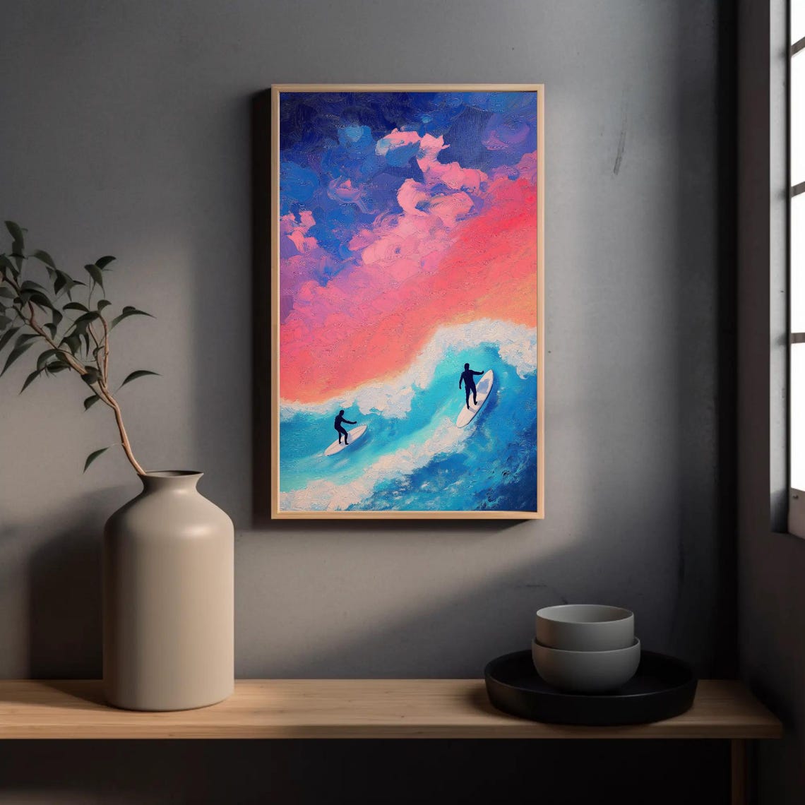 Two Surfers Riding Sunset Wave From Above Aerial Ocean Poster - Image 5