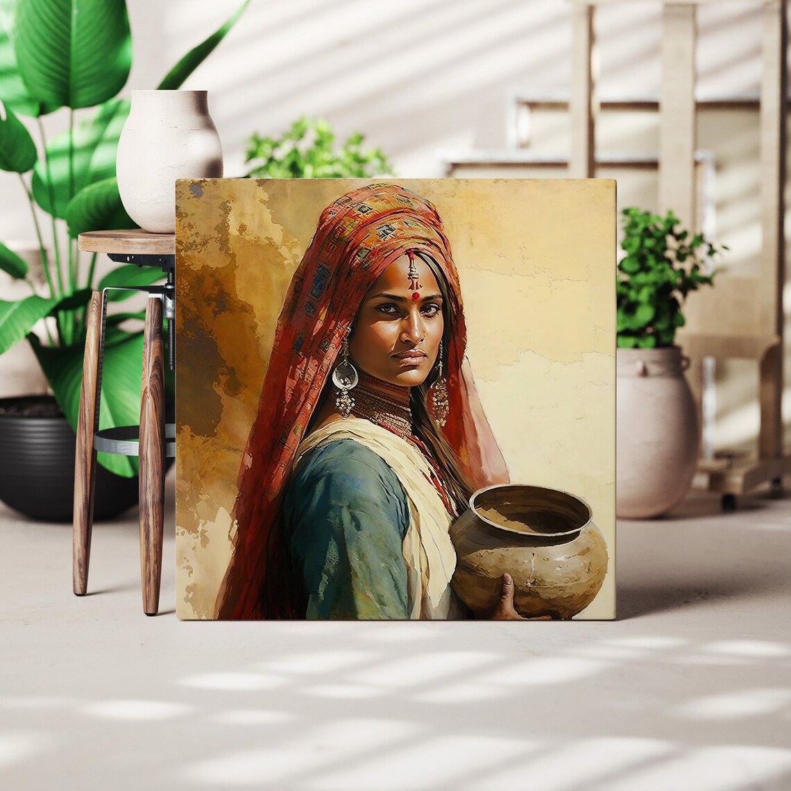 Portrait of Indian Woman With Clay Pot and Red Headscarf Poster - Image 4