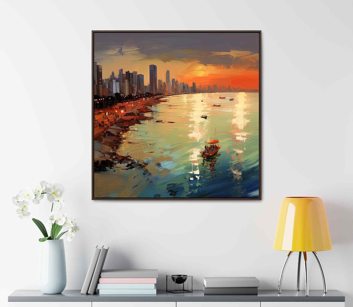 Mumbai Juhu Beach Sunset City Skyline Boats on Water Art Poster - Image 3