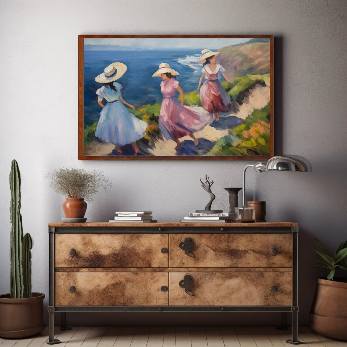 Three Women in Flowing Summer Dresses on Coastal Cliff Path Poster - Image 4