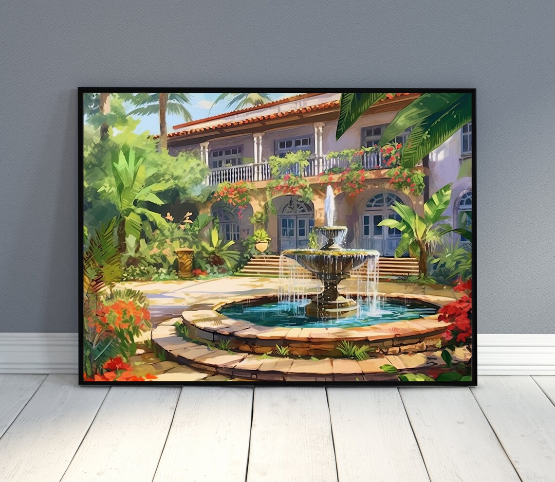 Mexican Colonial Home Fountain Palm Garden White Villa Art Poster - Image 2