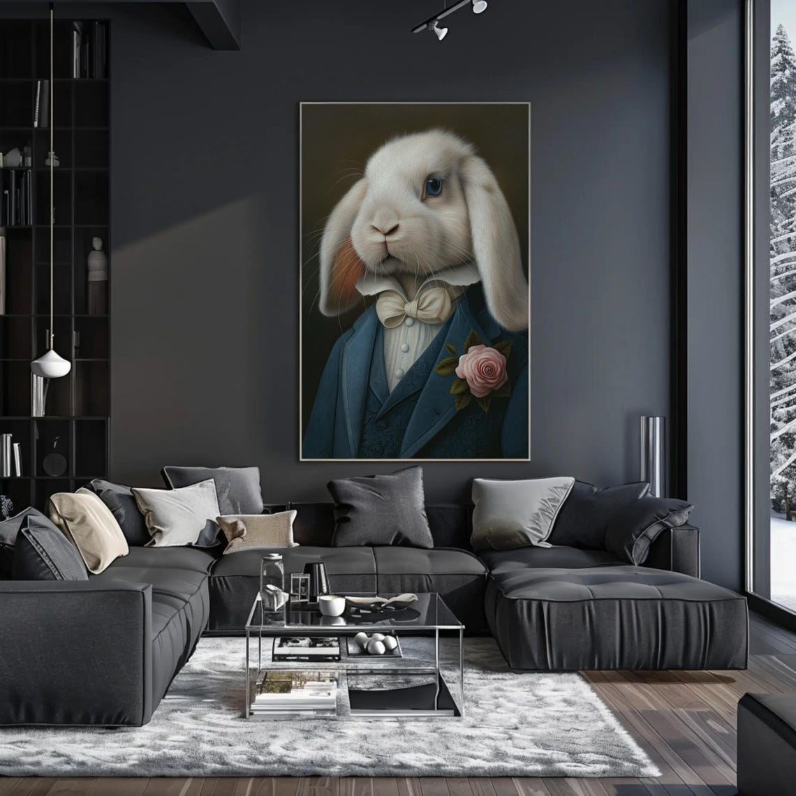 Elegant White Holland Lop Rabbit In Blue Suit With Rose Poster - Image 5