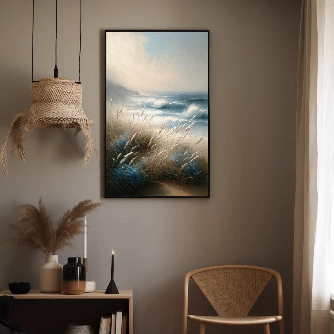 Ocean Waves Beach Grass Coastal Seaside Art Painting Wall Poster