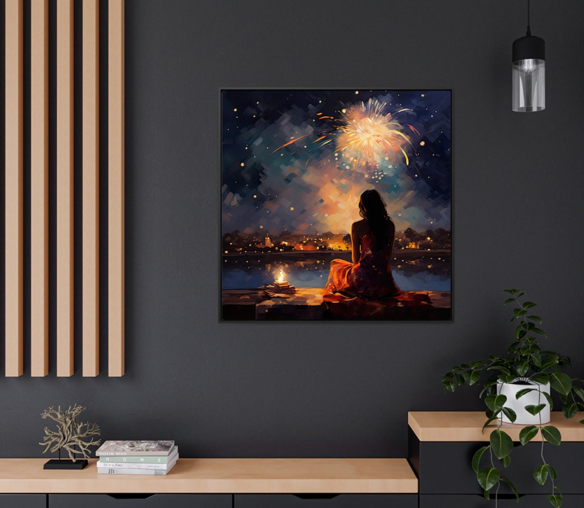 Indian Woman Watching Fireworks Over the Water at Night Poster - Image 2