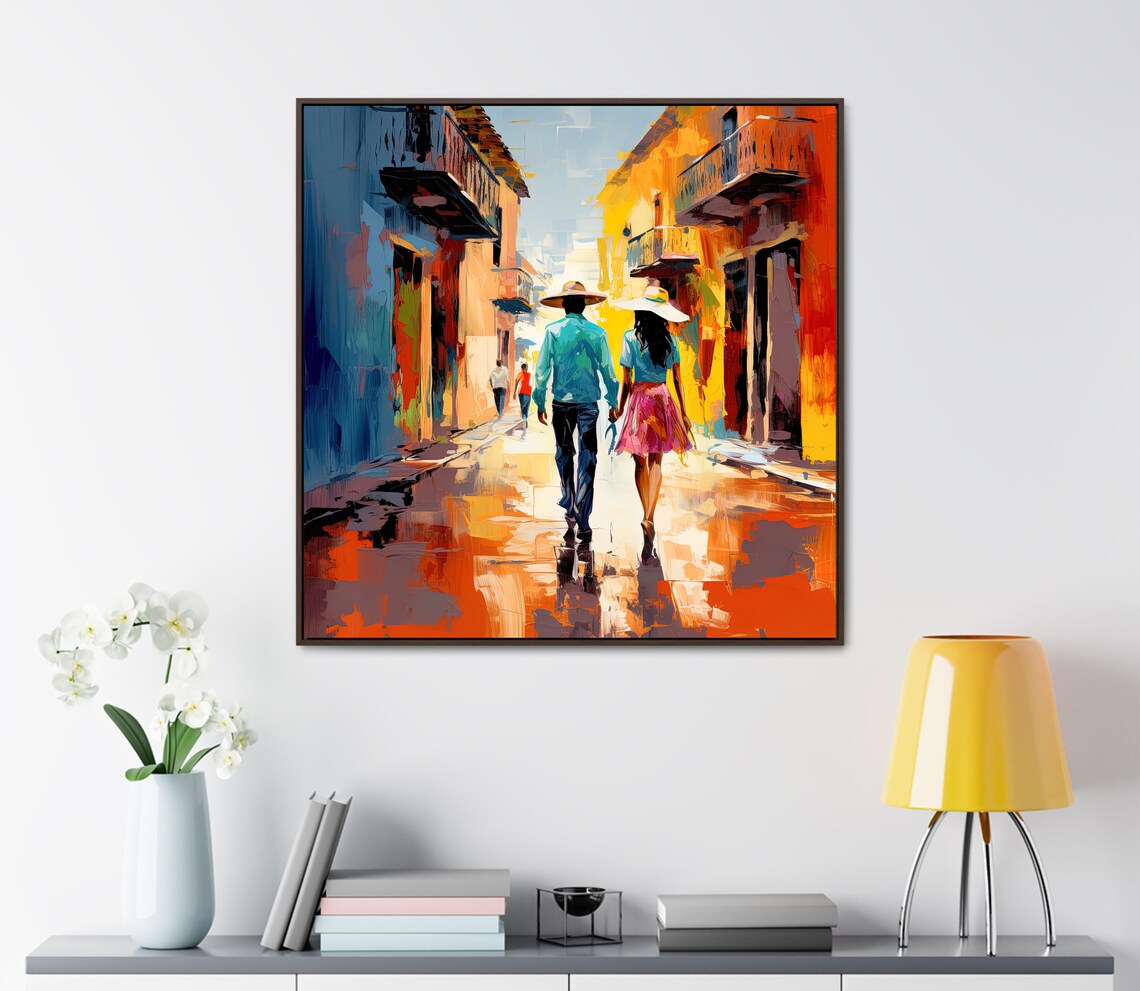 Mexican Couple Strolling Colorful Colonial Street Rain Poster - Image 3