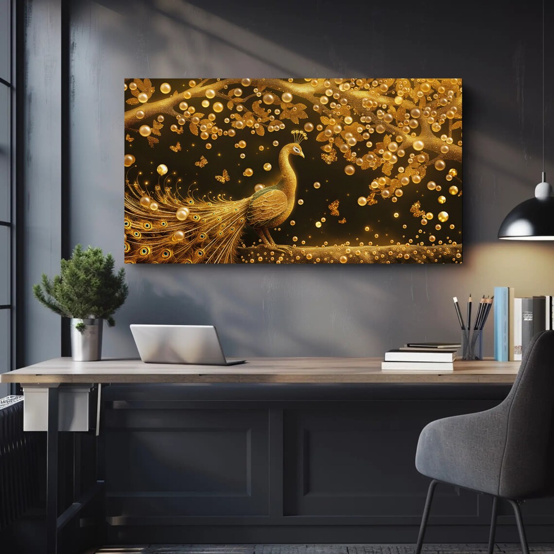 Golden Peacock Luxury Gold On Black Elegant Bird Painting Poster - Image 3