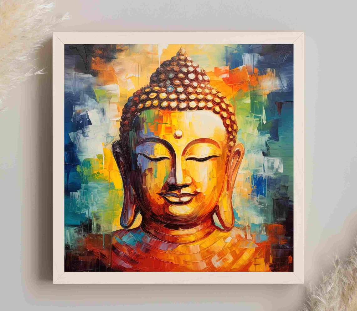 Buddha Face in Vibrant Impasto Gold Blue Oil Painting Poster