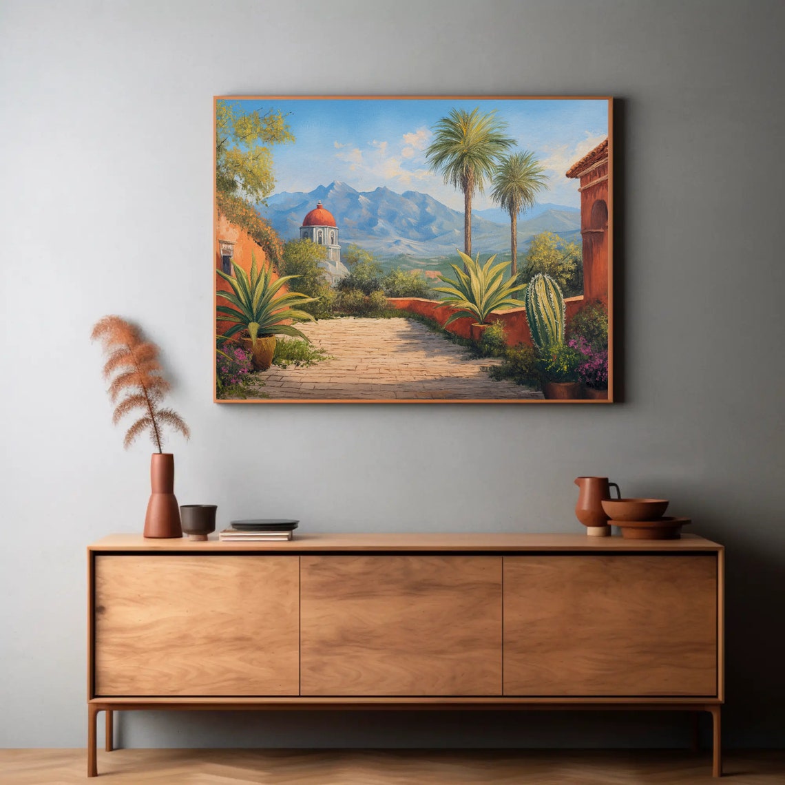 Mexican Courtyard with Palms and Church Dome Landscape Poster - Image 4