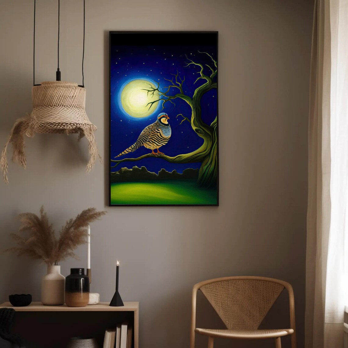 Chukar Bird Under A Full Moon Mystical Night Sky Painting Poster - Image 3