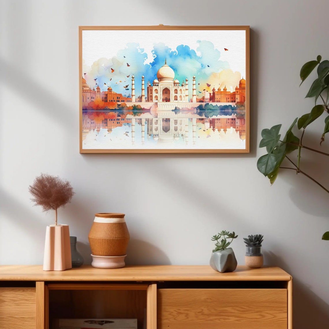 Taj Mahal Watercolor Panorama with Mirrored River Reflection Print - Image 4