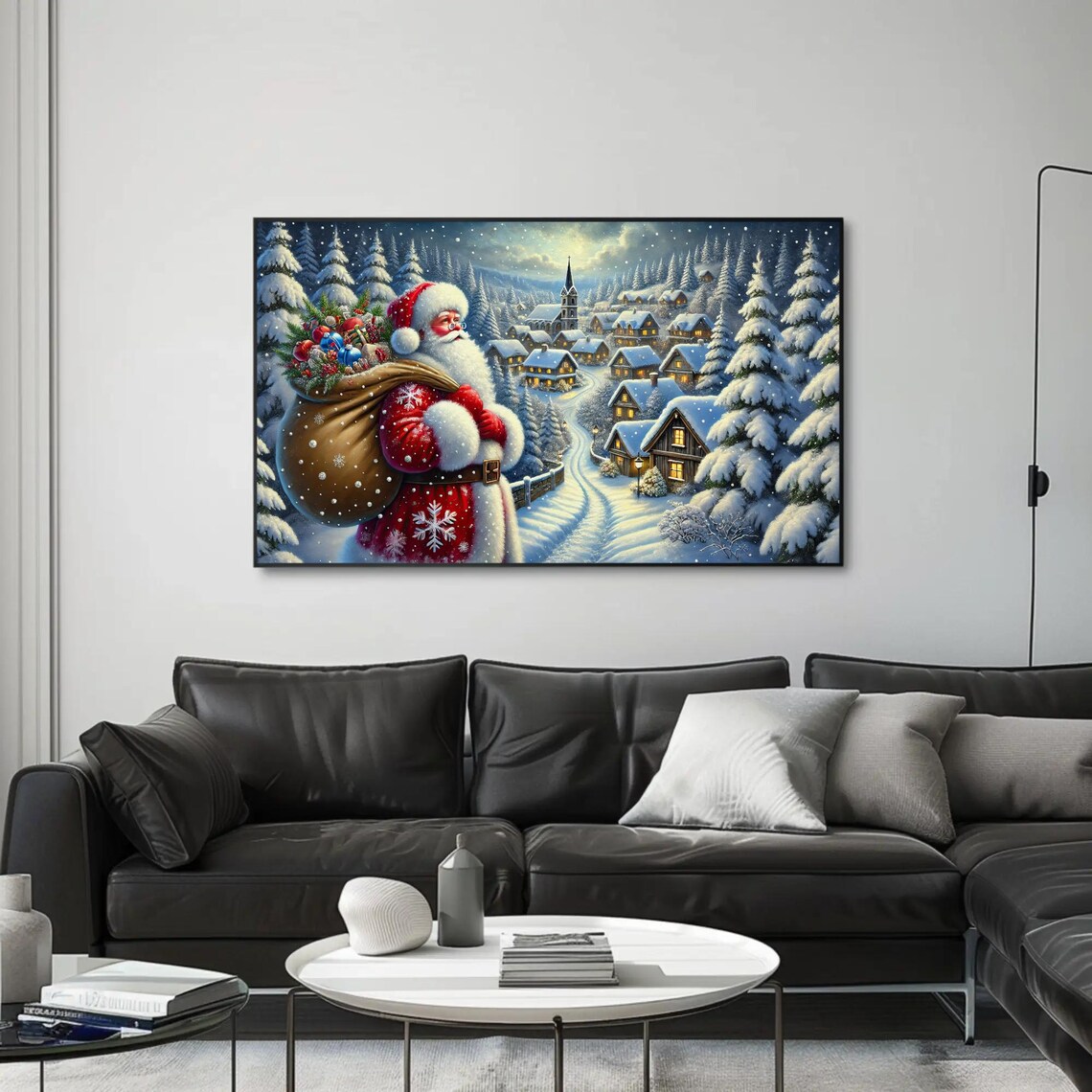 Santa Claus Overlooking A Snowy Christmas Village Night Poster - Image 4