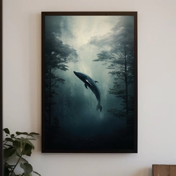 Whale Leaping in Foggy Forest Surreal Nature Oil Painting Poster