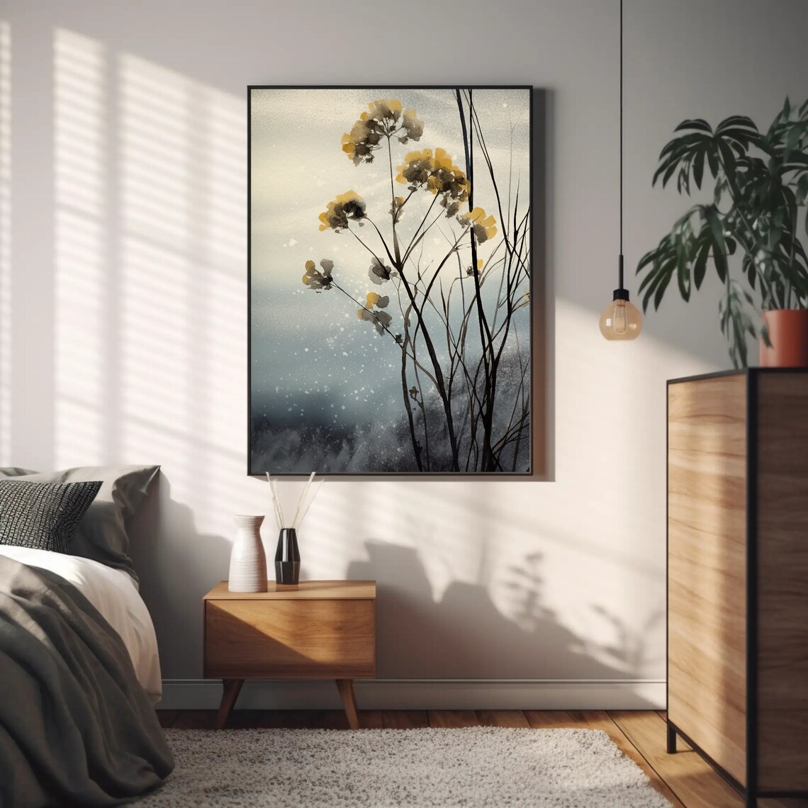 Yellow Blossom Branches Ink Wash Grey Blue Floral Art Poster - Image 4