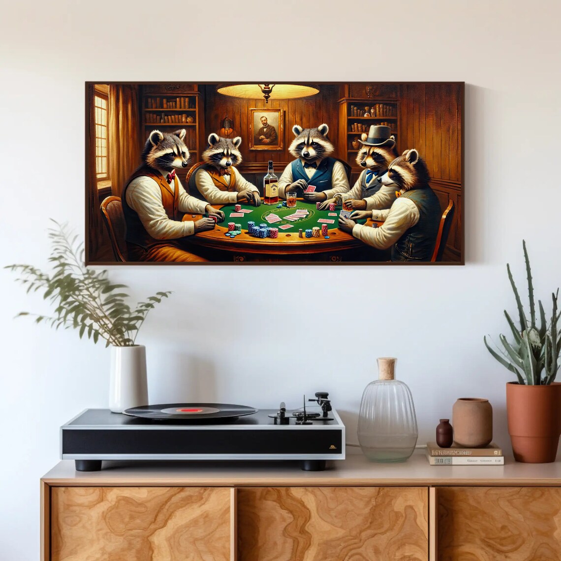 Raccoons Playing Poker Around Table Whimsical Oil Painting Poster - Image 3