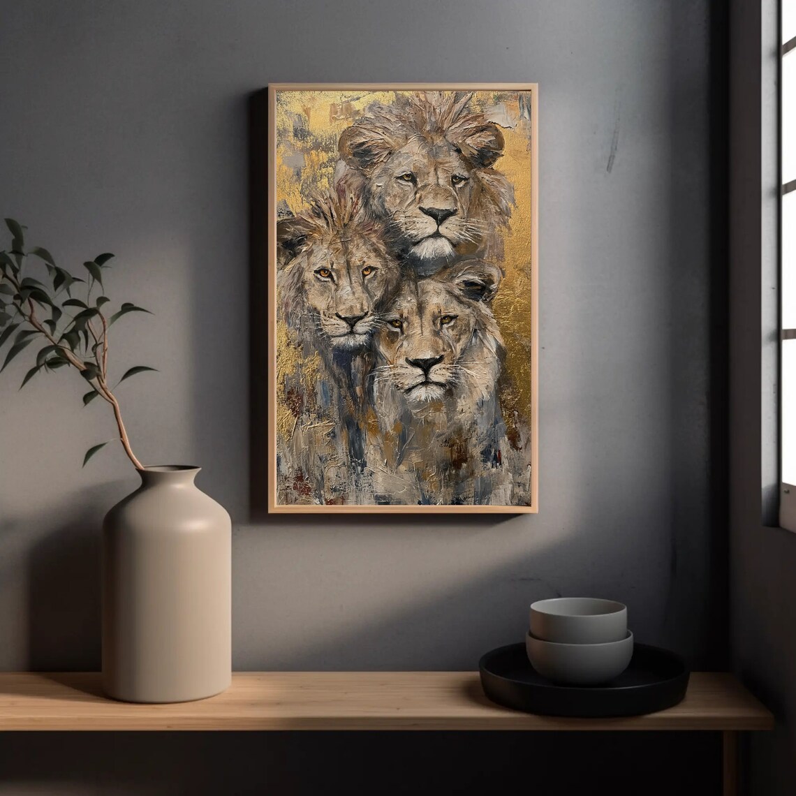Lion Family Portrait in Gold Oil Painting Wildlife Wall Poster - Image 5
