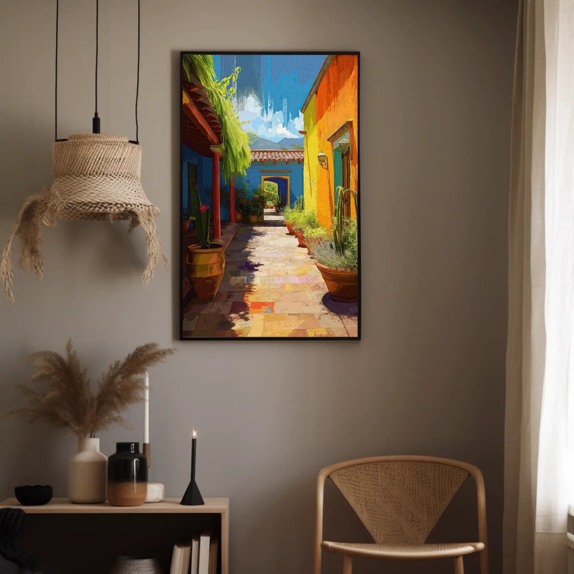 Colorful Mexican Courtyard Colonial Street Vibrant Painting Poster - Image 5