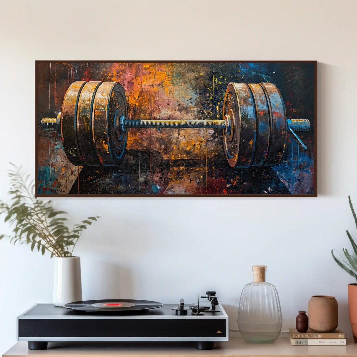 Rustic Barbell on Dark Graffiti Background Industrial Gym Decor Poster