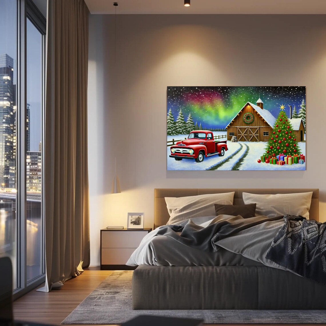 Vintage Red Truck At A Wooden Barn Under Aurora Lights Poster - Image 2