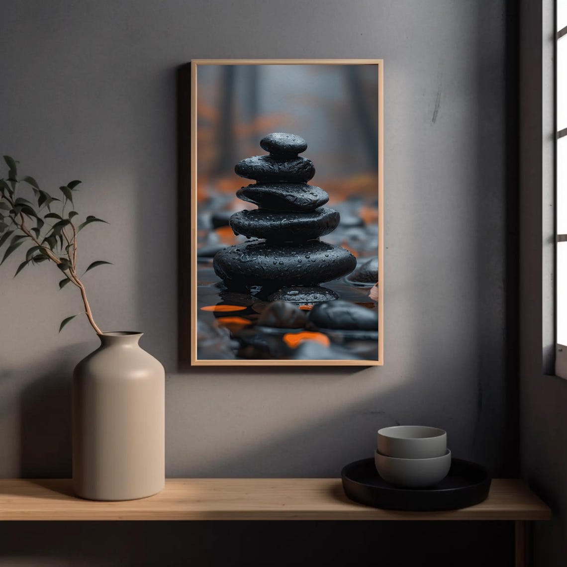 Balanced Black Zen Stones Cairn With Water Droplets Art Print - Image 5