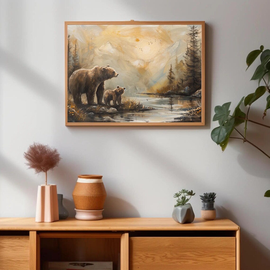 Mother Bear And Cub By A Misty Mountain River At Dawn Poster - Image 2