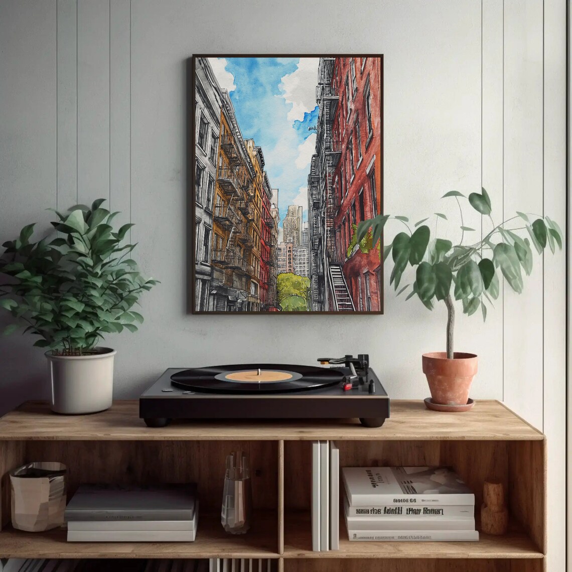 New York Street with Fire Escapes Watercolor City Travel Poster - Image 5