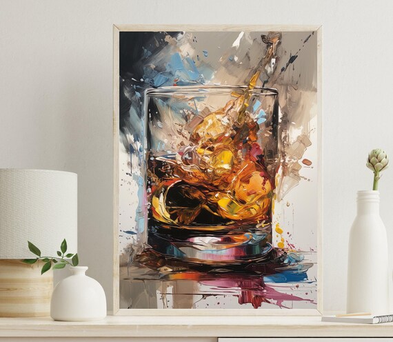 Abstract Whiskey Glass With Golden Splash Impasto Oil Painting Poster
