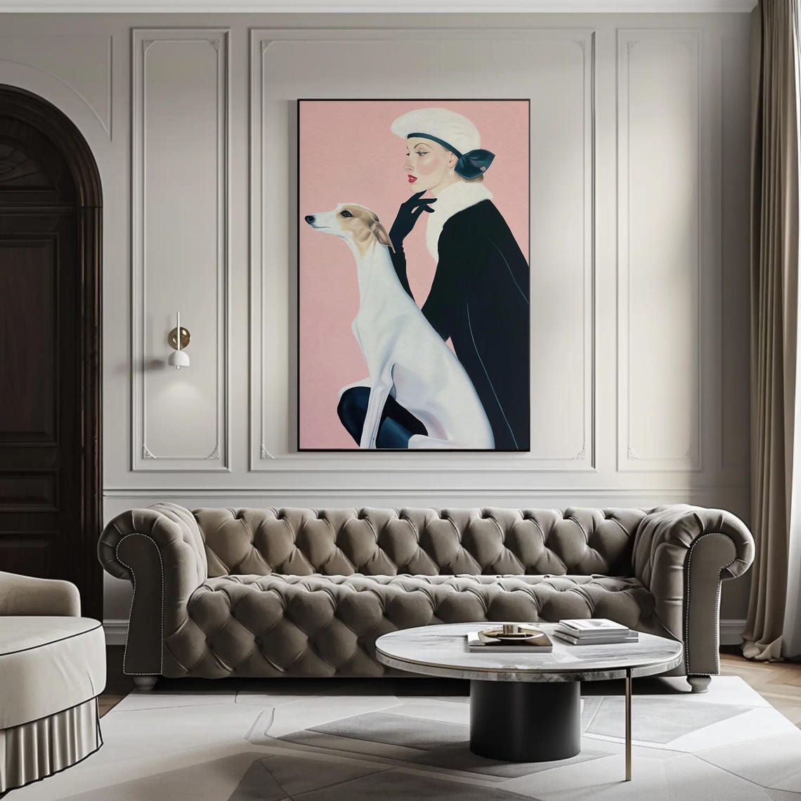 Vintage Woman and Borzoi Greyhound Poster on Soft Pink Background - Image 3
