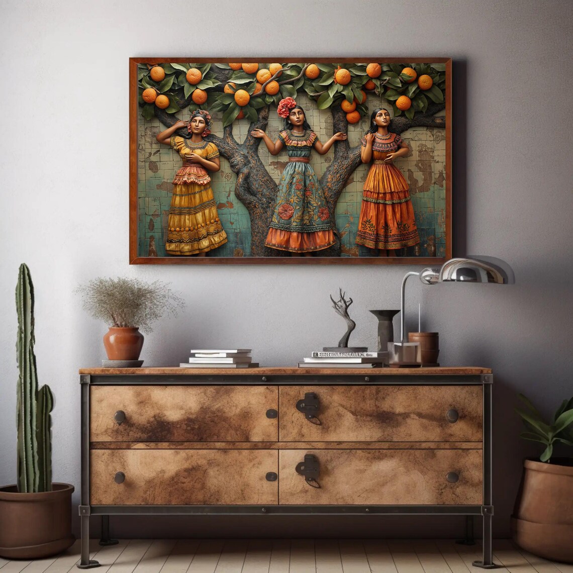 Three Mexican Women Under Orange Tree, 3D Illusion Art Print - Image 3