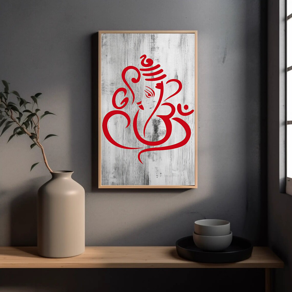 Red Lord Ganesha Line Art Minimalist Hindu Deity On Wood Poster - Image 3
