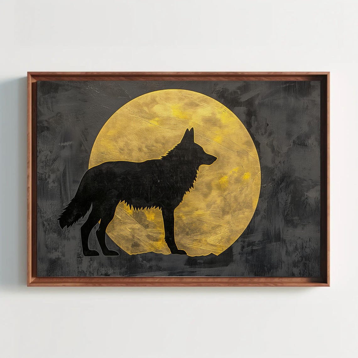 Black Wolf Silhouette Against A Large Golden Moon Night Poster