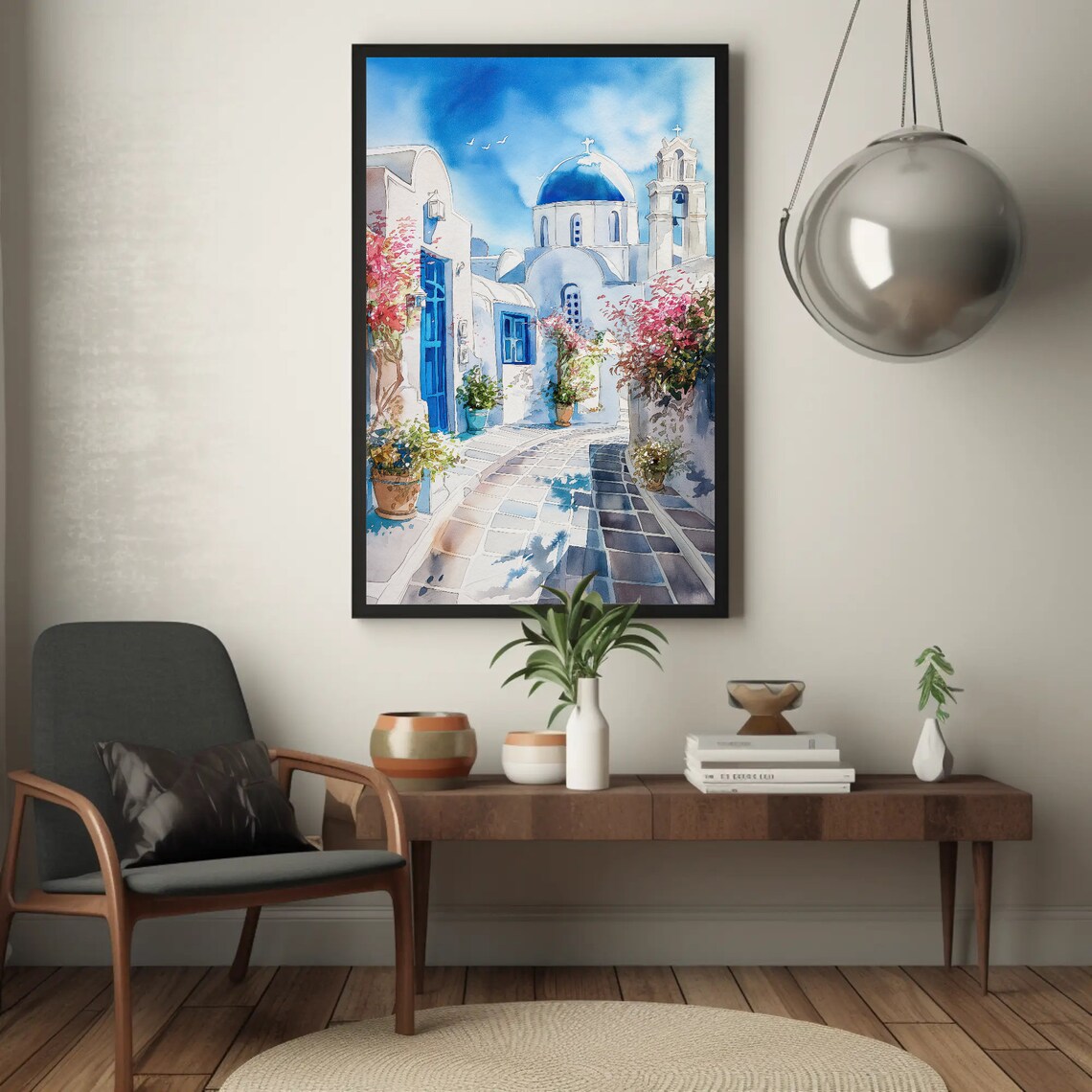 Santorini Blue Dome Church Whitewashed Lane Watercolor Travel Poster - Image 5