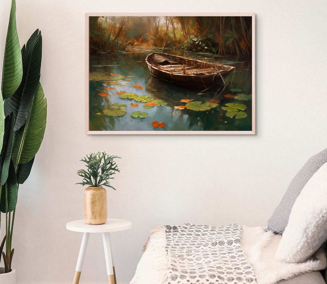 Weathered Wooden Boat Resting Among Lily Pads on Still Water Poster - Image 3