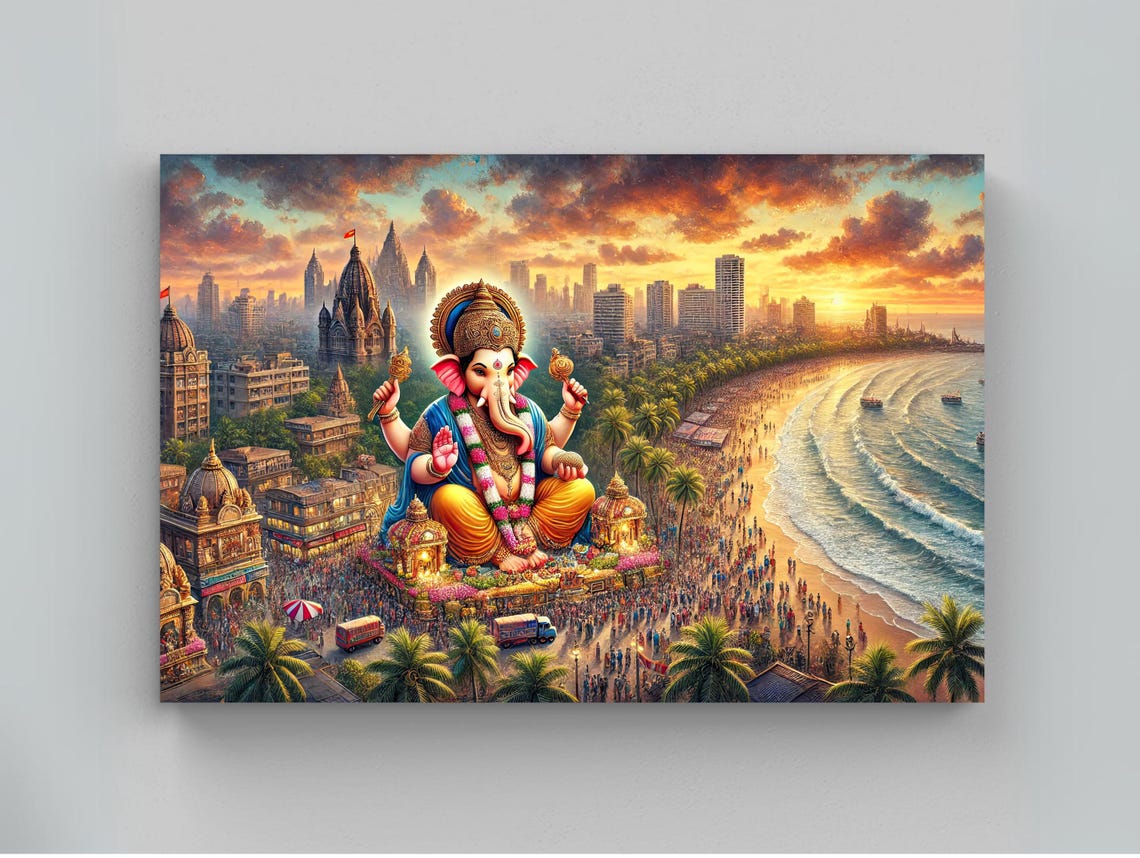 Ananta Chaturdashi Scene Print Ganesh Chaturdashi Wall Art Indian God Painting Traditional Hindu Festival Decor Ready To Hang