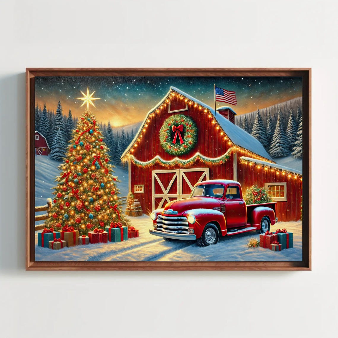 Vintage Red Truck And Red Christmas Barn With Flag Scene Poster