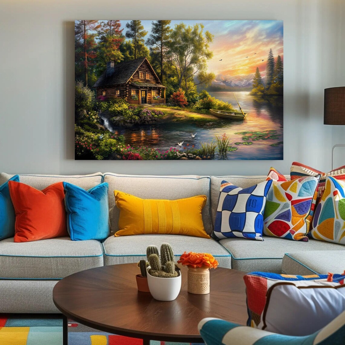 Cozy Lakeside Log Cabin Sunset With Flowers Cottage Art Poster - Image 4